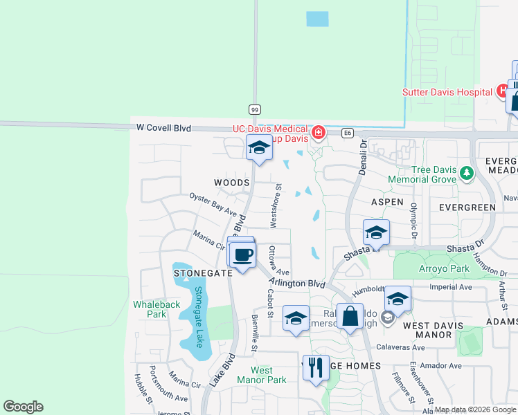 map of restaurants, bars, coffee shops, grocery stores, and more near in Davis