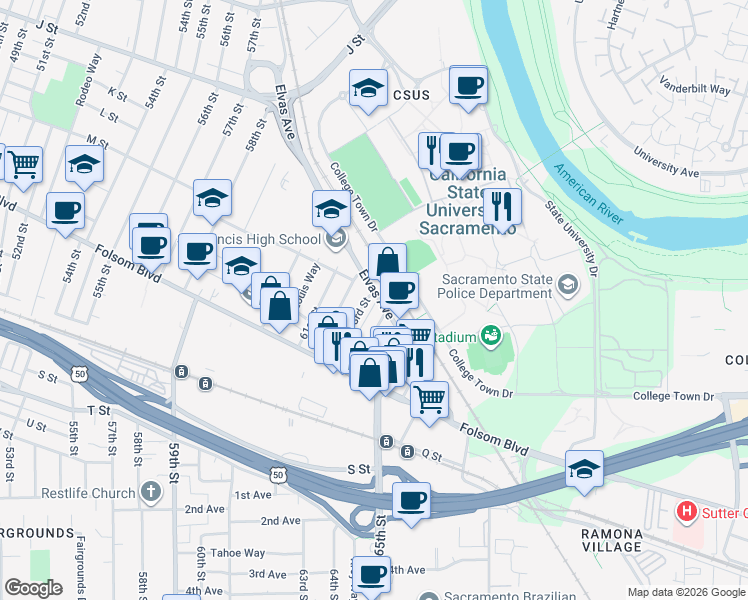 map of restaurants, bars, coffee shops, grocery stores, and more near 1309 63rd Street in Sacramento
