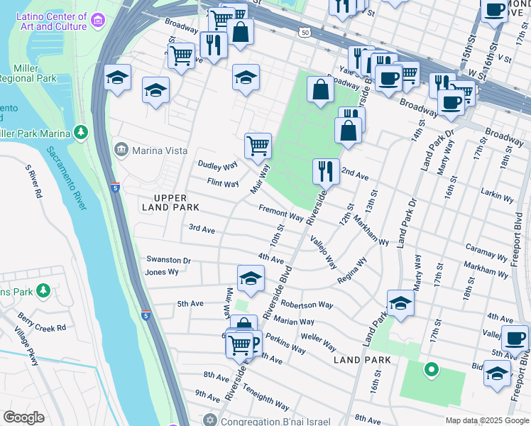 map of restaurants, bars, coffee shops, grocery stores, and more near 924 Fremont Way in Sacramento