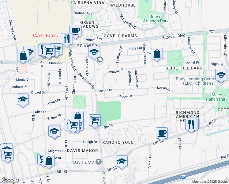 map of restaurants, bars, coffee shops, grocery stores, and more near 2114 Loyola Dr in Davis