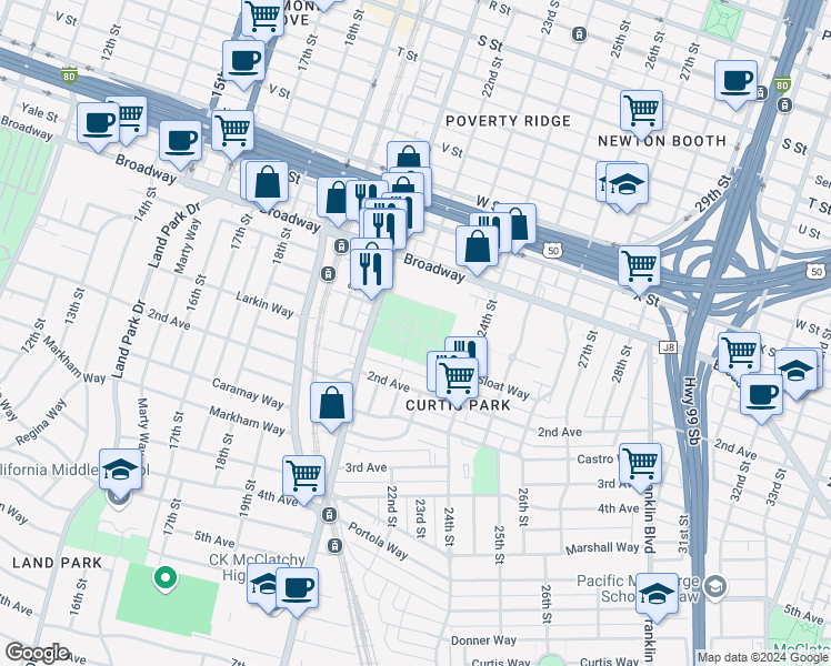 map of restaurants, bars, coffee shops, grocery stores, and more near in Sacramento