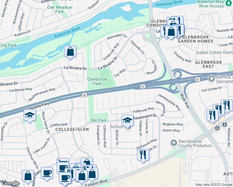 map of restaurants, bars, coffee shops, grocery stores, and more near 2801 Conbar Court in Sacramento
