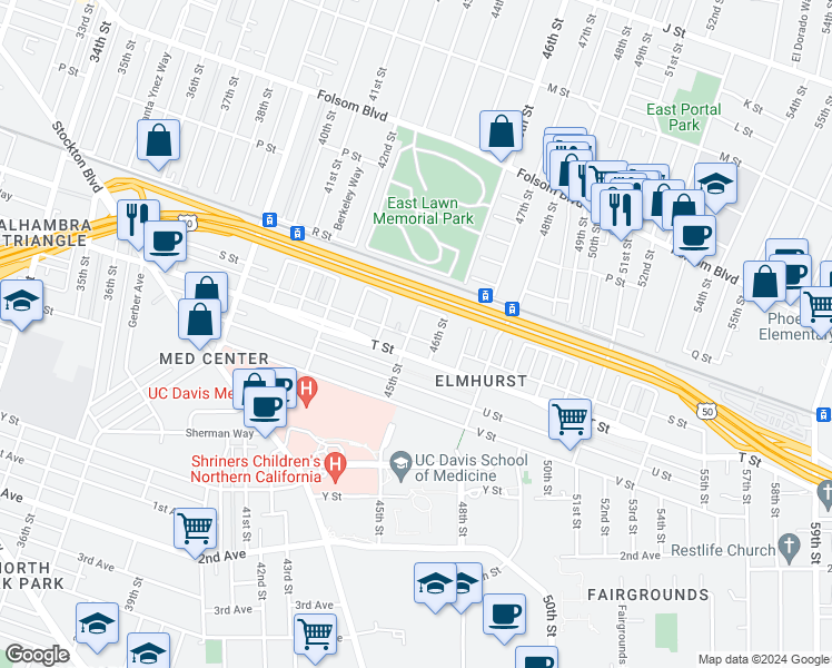 map of restaurants, bars, coffee shops, grocery stores, and more near 1911 45th Street in Sacramento