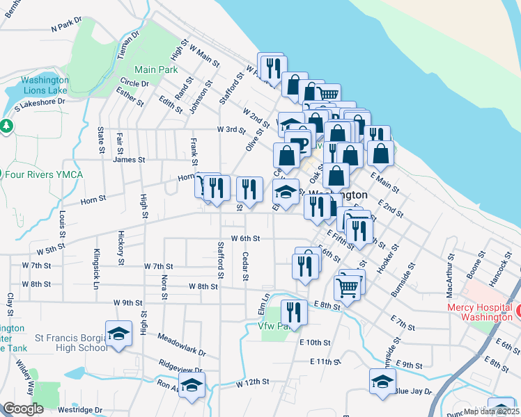 map of restaurants, bars, coffee shops, grocery stores, and more near 311 West 5th Street in Washington