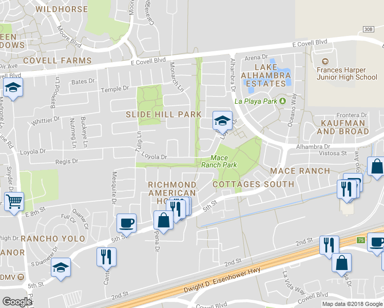 map of restaurants, bars, coffee shops, grocery stores, and more near 1302 Monarch Lane in Davis