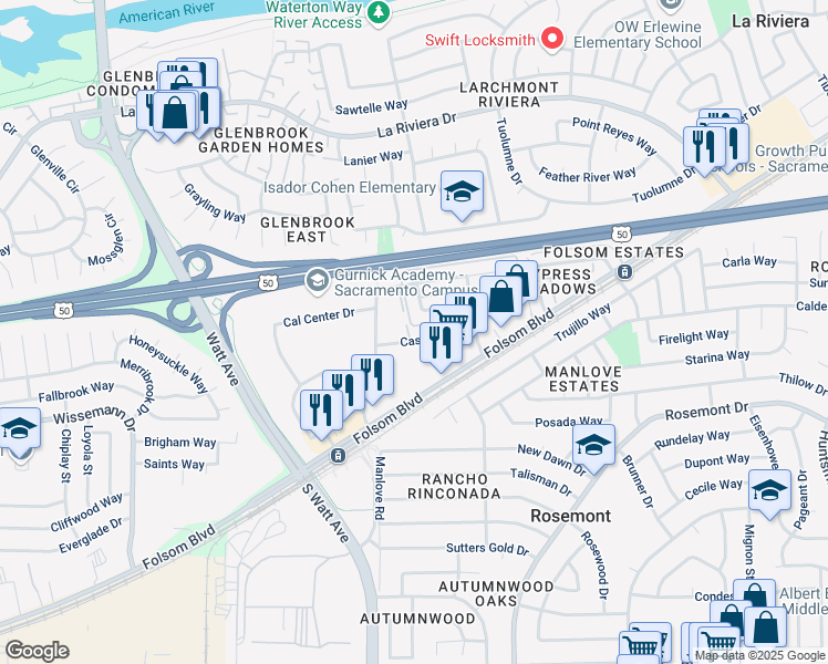 map of restaurants, bars, coffee shops, grocery stores, and more near 9001 Casals Street in Sacramento