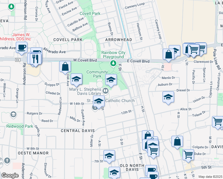 map of restaurants, bars, coffee shops, grocery stores, and more near 555 East 14th Street in Davis