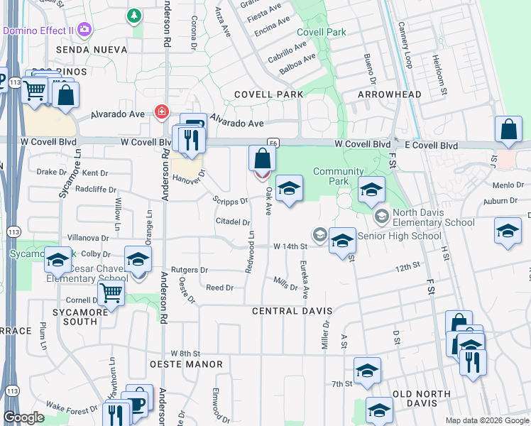 map of restaurants, bars, coffee shops, grocery stores, and more near 1517 Oak Avenue in Davis