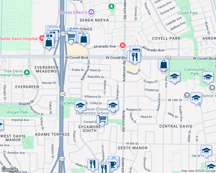 map of restaurants, bars, coffee shops, grocery stores, and more near 914 Fordham Drive in Davis
