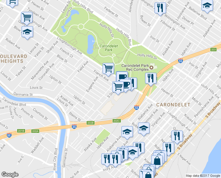 map of restaurants, bars, coffee shops, grocery stores, and more near 3611 Blow Street in St. Louis