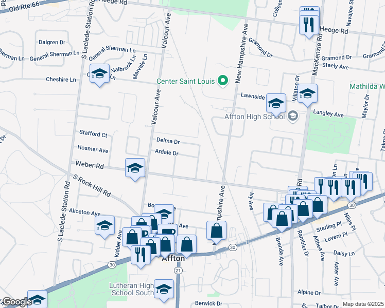 map of restaurants, bars, coffee shops, grocery stores, and more near 6807 Ardale Drive in Affton