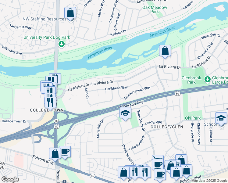 map of restaurants, bars, coffee shops, grocery stores, and more near 172 Lido Circle in Sacramento