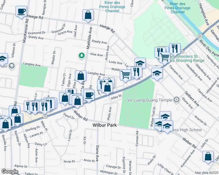 map of restaurants, bars, coffee shops, grocery stores, and more near 8528 Philo Avenue in Affton