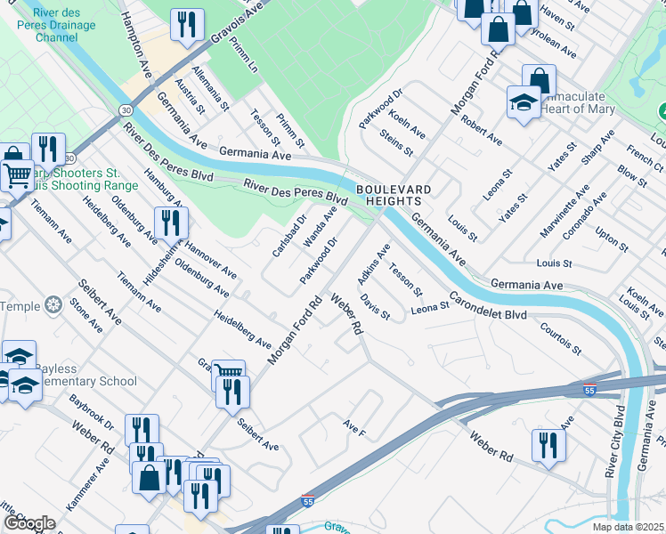 map of restaurants, bars, coffee shops, grocery stores, and more near 8014 Morgan Ford Road in St. Louis