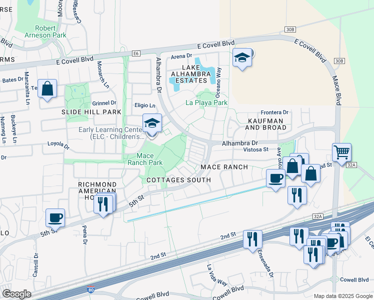 map of restaurants, bars, coffee shops, grocery stores, and more near 3809 Verona Terrace in Davis
