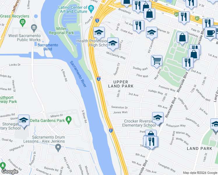 map of restaurants, bars, coffee shops, grocery stores, and more near 382 River Bend Circle in Sacramento