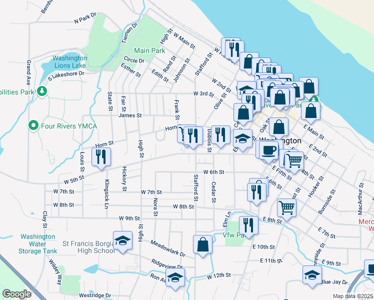 map of restaurants, bars, coffee shops, grocery stores, and more near 613 West 5th Street in Washington