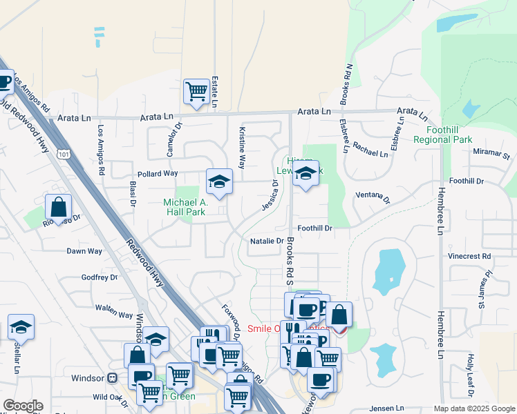 map of restaurants, bars, coffee shops, grocery stores, and more near 9453 Jessica Drive in Windsor