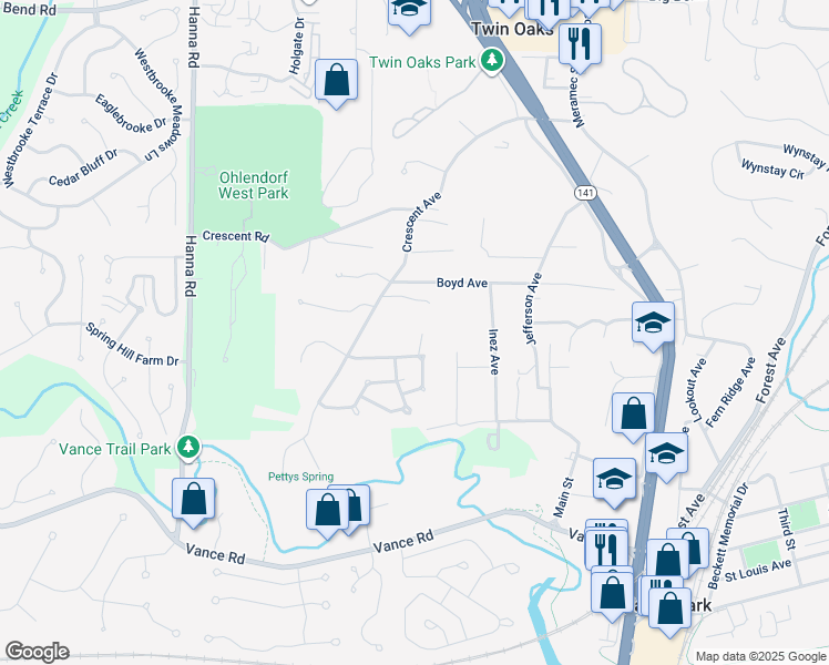 map of restaurants, bars, coffee shops, grocery stores, and more near 3 Hill Drive in Valley Park