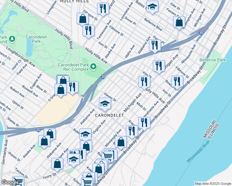 map of restaurants, bars, coffee shops, grocery stores, and more near 6621 Vermont Ave in St Louis
