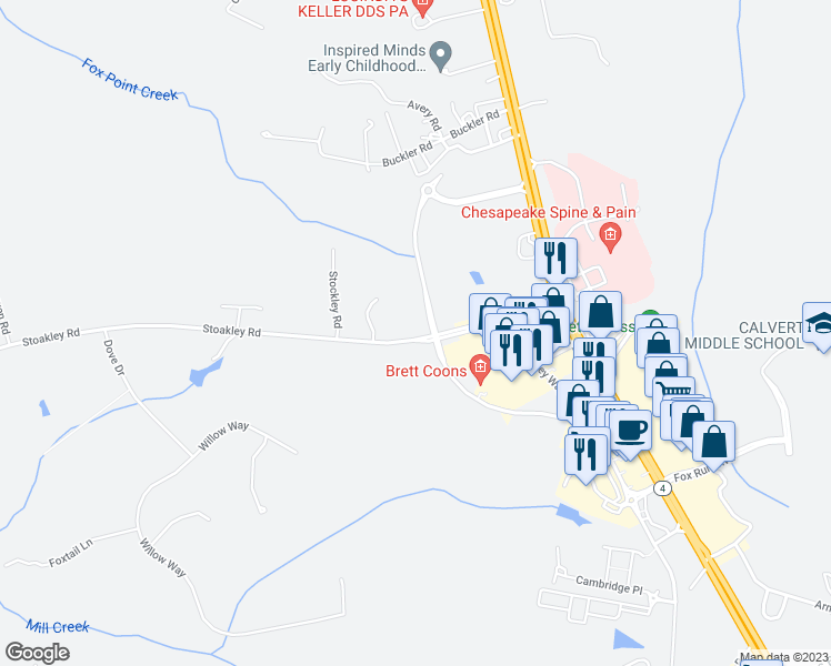 map of restaurants, bars, coffee shops, grocery stores, and more near 1010 North Prince Frederick Boulevard in Prince Frederick