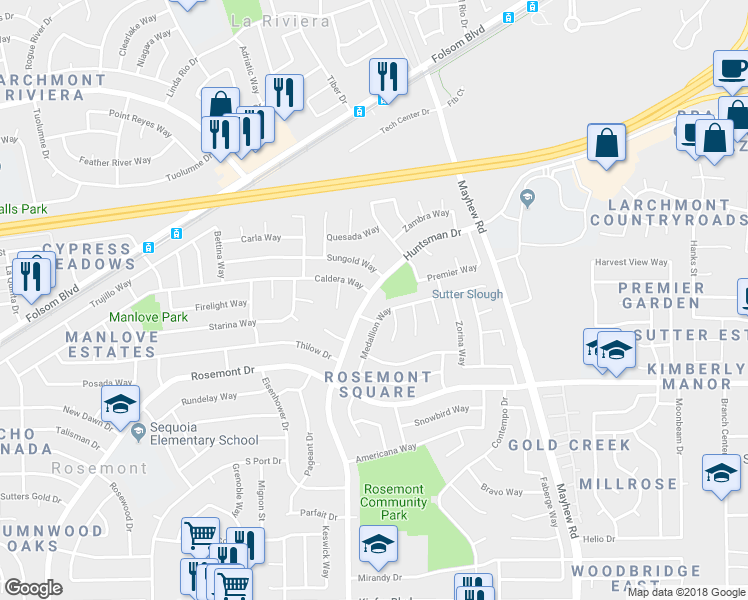 map of restaurants, bars, coffee shops, grocery stores, and more near 3236 Huntsman Drive in Sacramento