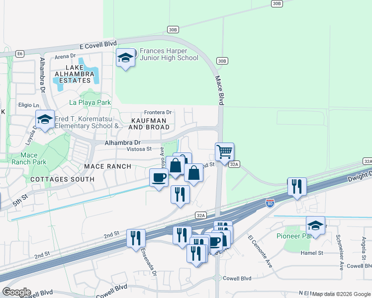 map of restaurants, bars, coffee shops, grocery stores, and more near 4500 Alhambra Drive in Davis