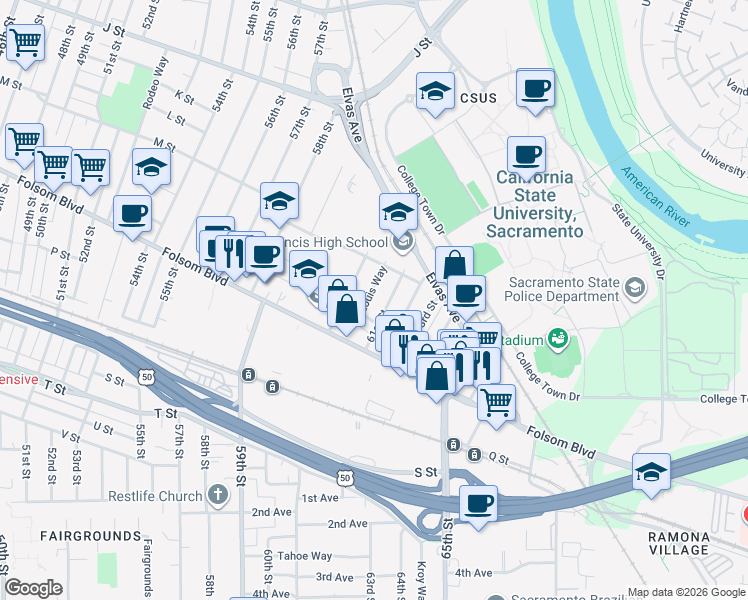 map of restaurants, bars, coffee shops, grocery stores, and more near 1343 Louis Way in Sacramento