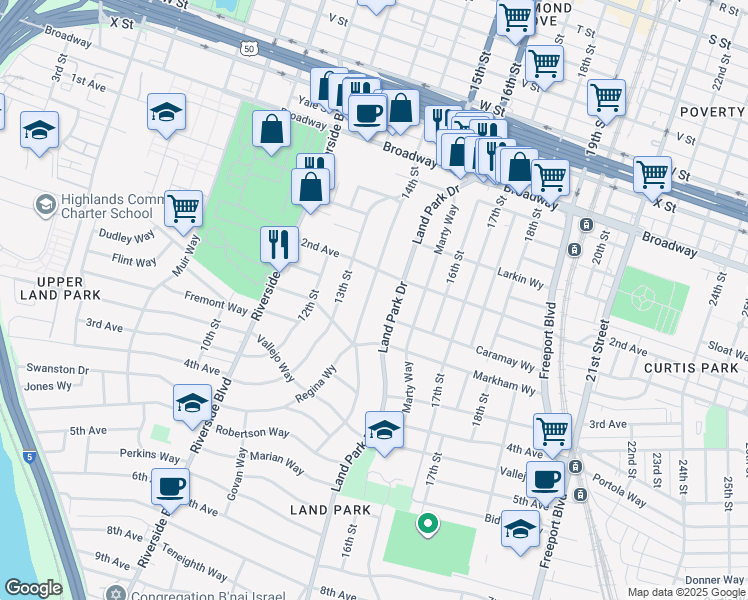 map of restaurants, bars, coffee shops, grocery stores, and more near 2725 14th Street in Sacramento