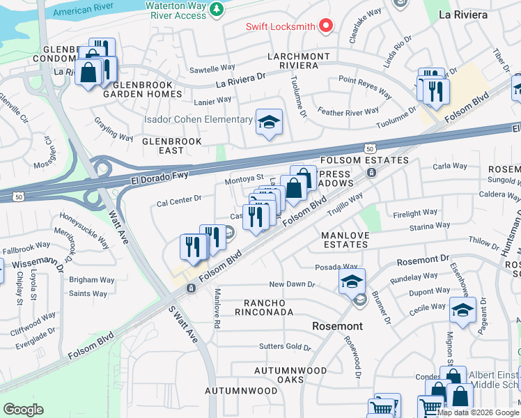 map of restaurants, bars, coffee shops, grocery stores, and more near 9025 Casals Street in Sacramento