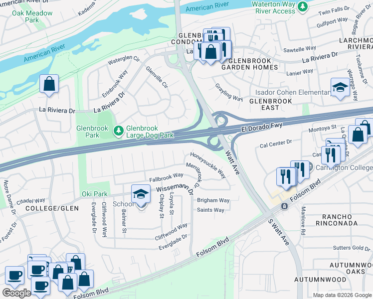 map of restaurants, bars, coffee shops, grocery stores, and more near 2740 Honeysuckle Way in Sacramento