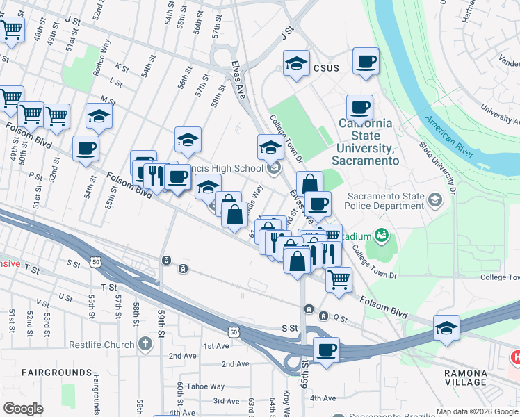 map of restaurants, bars, coffee shops, grocery stores, and more near 1343 Louis Way in Sacramento