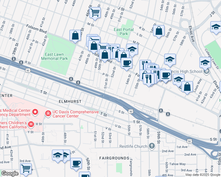 map of restaurants, bars, coffee shops, grocery stores, and more near 5219 Q Street in Sacramento