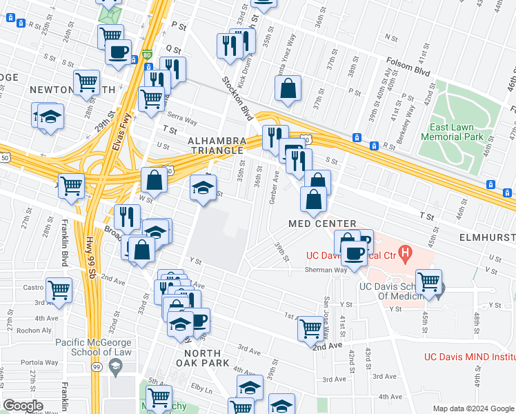 map of restaurants, bars, coffee shops, grocery stores, and more near 2201 36th Street in Sacramento