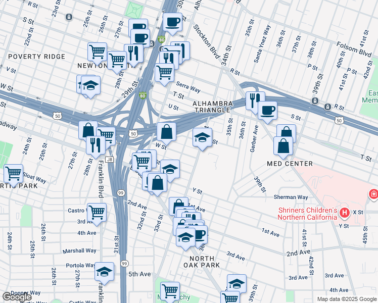 map of restaurants, bars, coffee shops, grocery stores, and more near 3317 W Street in Sacramento