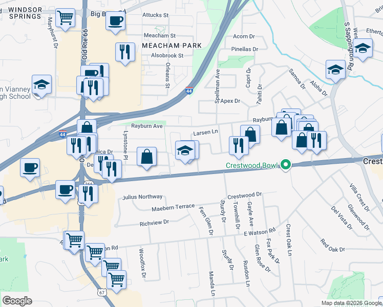 map of restaurants, bars, coffee shops, grocery stores, and more near 1503 Starling Drive in St. Louis