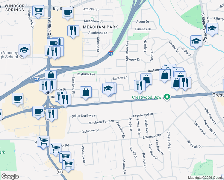 map of restaurants, bars, coffee shops, grocery stores, and more near 1503 Starling Drive in Saint Louis