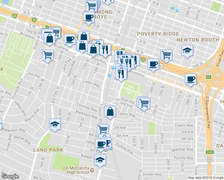 map of restaurants, bars, coffee shops, grocery stores, and more near 1948 Larkin Way in Sacramento