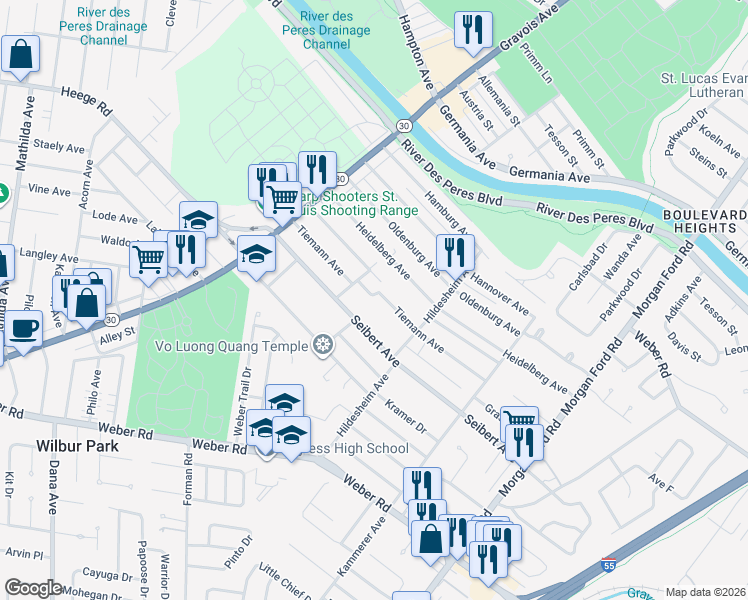 map of restaurants, bars, coffee shops, grocery stores, and more near 4734 Tiemann Avenue in St. Louis