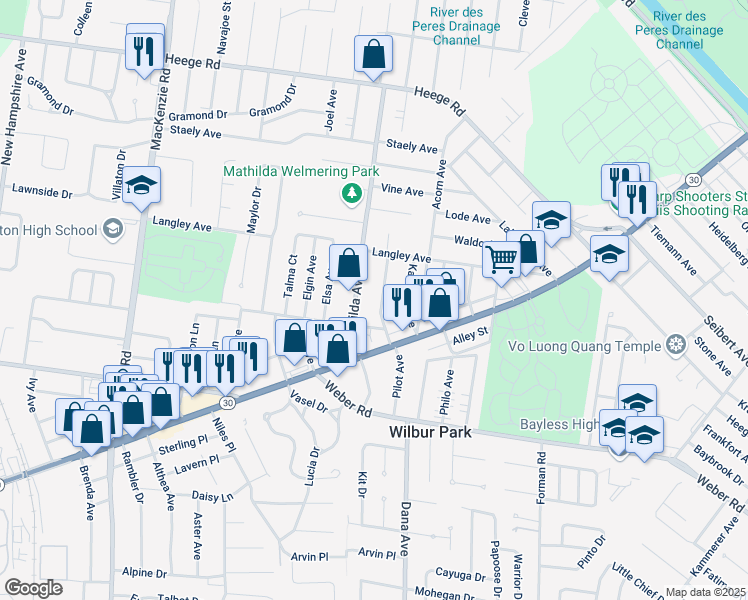 map of restaurants, bars, coffee shops, grocery stores, and more near 8533 Pilot Avenue in Affton