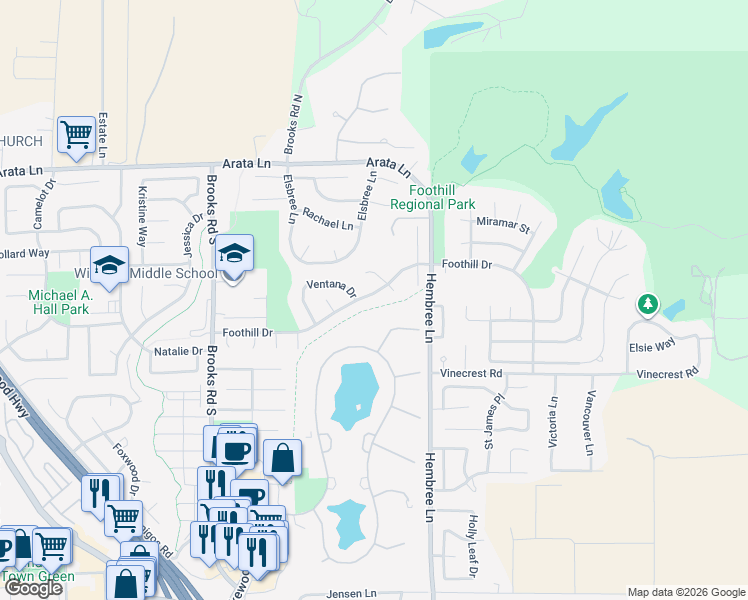 map of restaurants, bars, coffee shops, grocery stores, and more near 955 Foothill Drive in Windsor