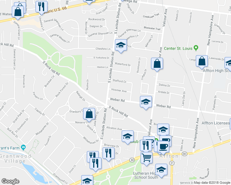 map of restaurants, bars, coffee shops, grocery stores, and more near 7218 Hosmer Avenue in Affton