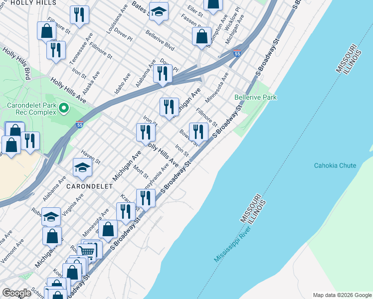 map of restaurants, bars, coffee shops, grocery stores, and more near 6222 Pennsylvania Avenue in St. Louis