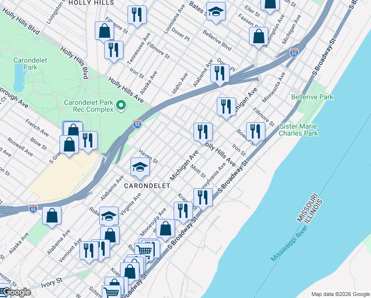 map of restaurants, bars, coffee shops, grocery stores, and more near 6425 Michigan Avenue in St. Louis