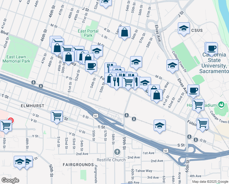 map of restaurants, bars, coffee shops, grocery stores, and more near 5618 Folsom Boulevard in Sacramento