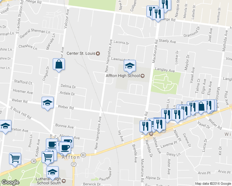 map of restaurants, bars, coffee shops, grocery stores, and more near 8505 Palmetto Drive in Affton