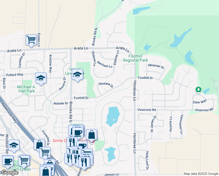 map of restaurants, bars, coffee shops, grocery stores, and more near 930 Foothill Drive in Windsor