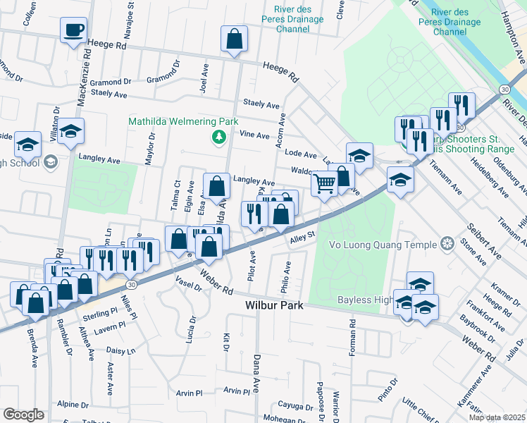 map of restaurants, bars, coffee shops, grocery stores, and more near 8528 Kathleen Avenue in Affton
