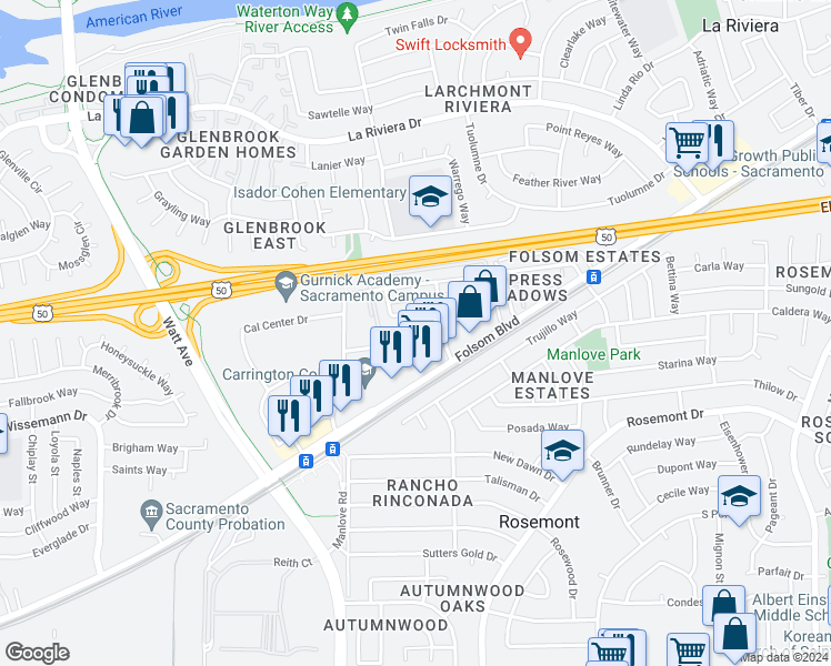map of restaurants, bars, coffee shops, grocery stores, and more near 9025 Casals Street in Sacramento