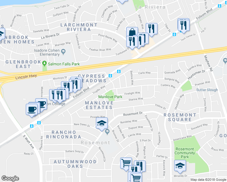 map of restaurants, bars, coffee shops, grocery stores, and more near 9132 Caldera Way in Sacramento